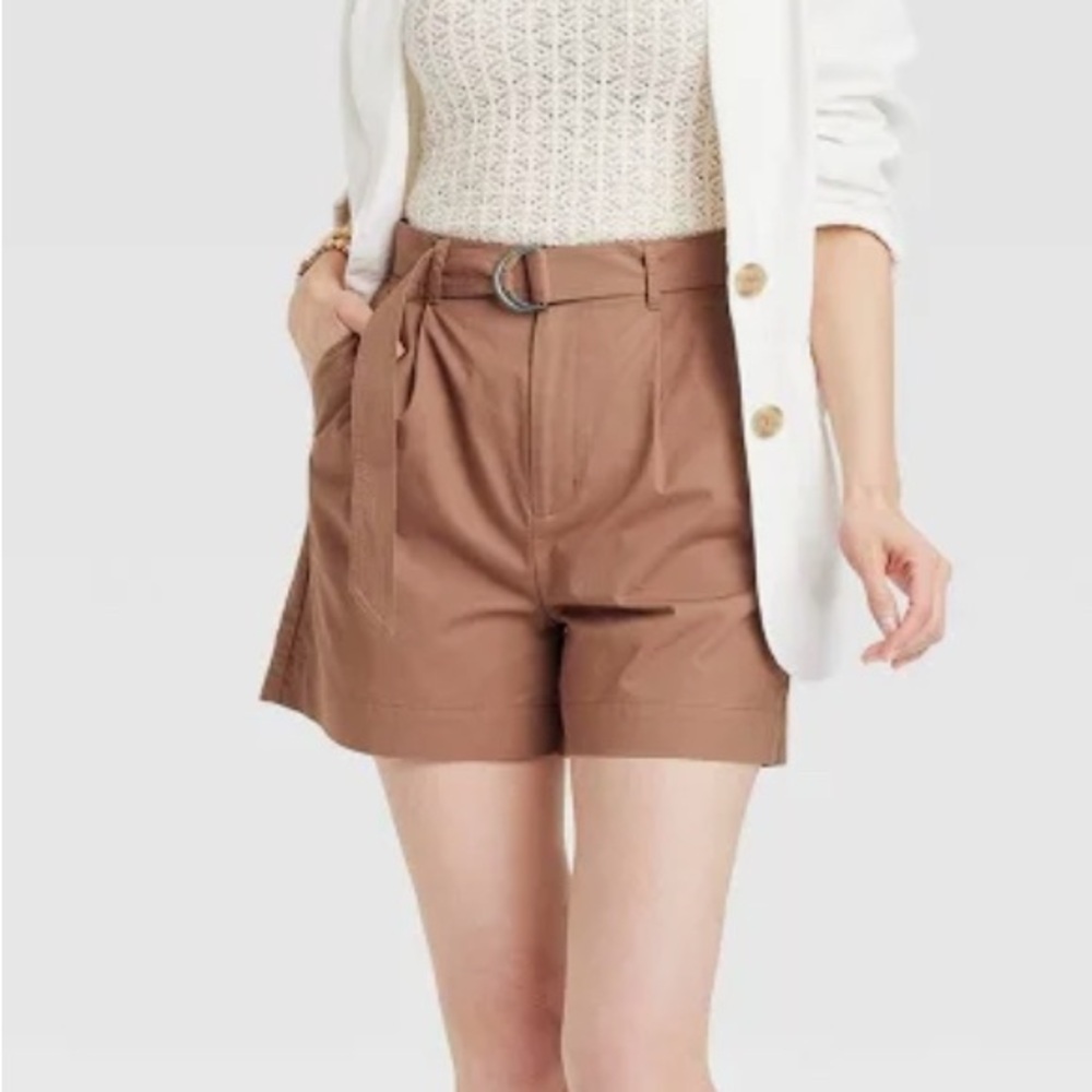 A New Day Tailored Shorts Womens 2 Brown Belted High-Rise Slash Pockets Zip Fly